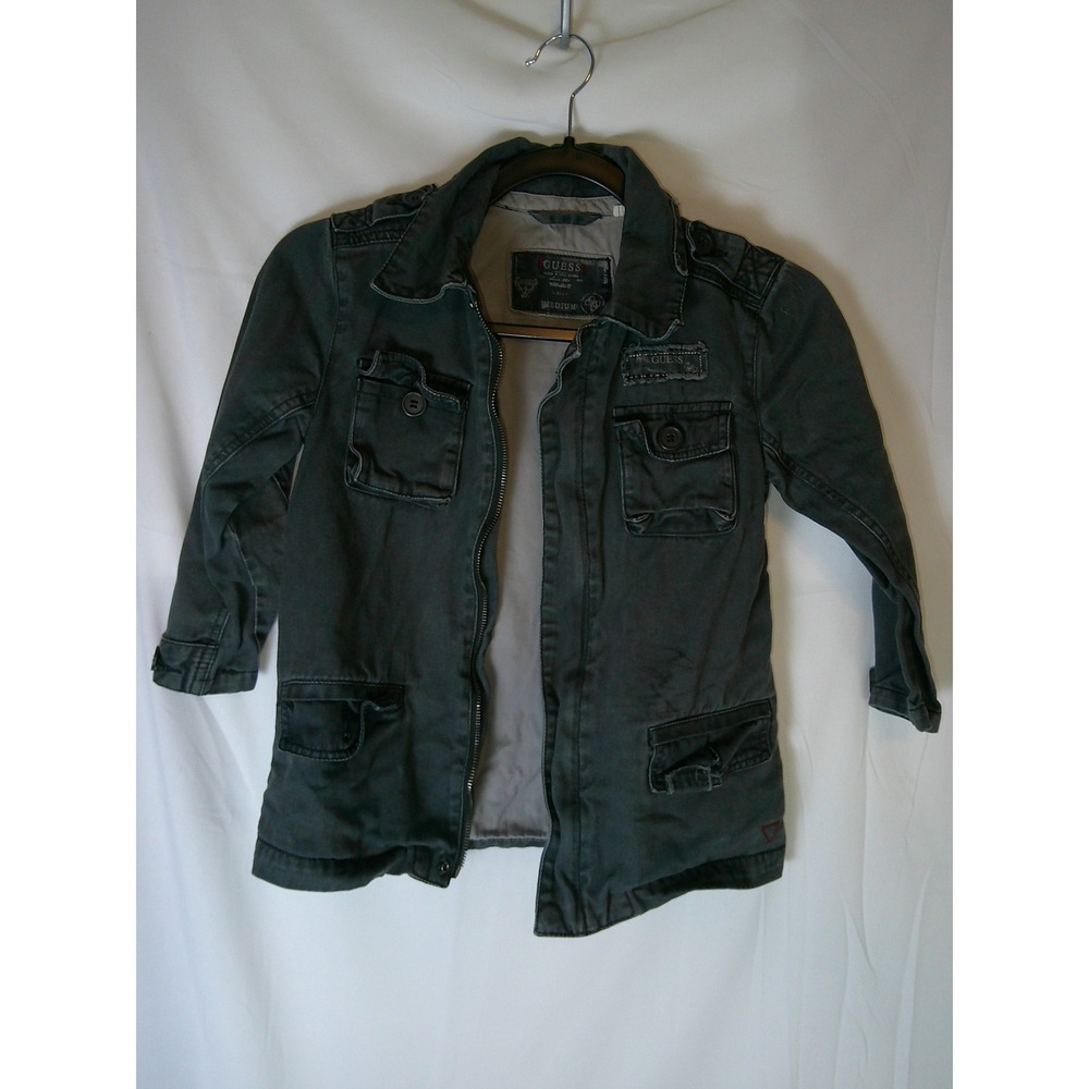 VTG Guess Kids Girls Med Faded Black Military Field Jacket Emblems of Mortality